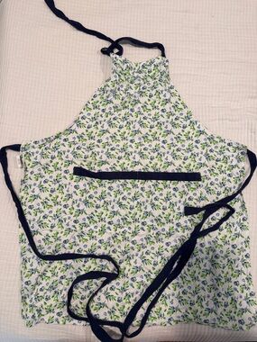 Floral Cotton Kitchen Apron with Navy Trim